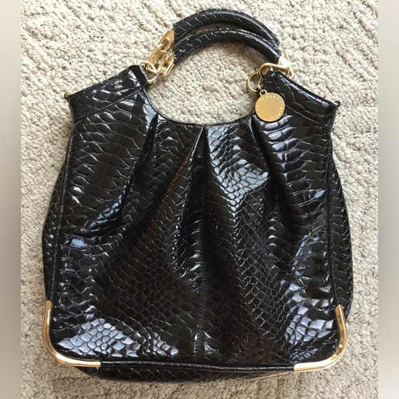 Gianni Bini Handbags - Gianni Bini Black Patent Croc-Embossed Shoulder Bag with Gold Accents